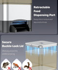 No Sweat Automatic Fish Feeder For Koi Ponds with retractable food port and secure buckle-lock lid to prevent wildlife tampering.