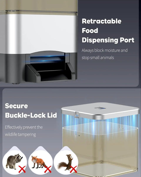 No Sweat Automatic Fish Feeder For Koi Ponds with retractable food port and secure buckle-lock lid to prevent wildlife tampering.