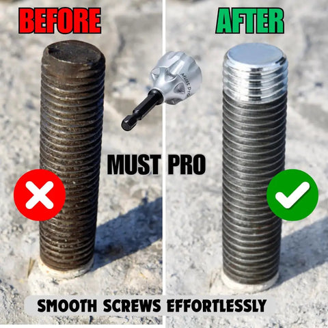All Thread Repair Bit For Drill And Chamfering Deburring External Chamfer Tool, Thread Cleaner showing before and after use on bolt