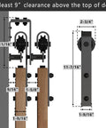 Side view of 12 Foot Low Ceiling Heavy Duty Beefed Up Sliding Barn Door Hardware Kit With Double Track Bypass For Two Doors Black J Shape Bypass Carbon Steel Construction showing dimensions.