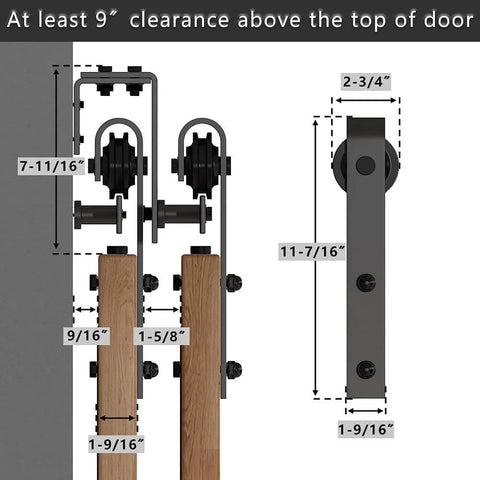 Side view of 12 Foot Low Ceiling Heavy Duty Beefed Up Sliding Barn Door Hardware Kit With Double Track Bypass For Two Doors Black J Shape Bypass Carbon Steel Construction showing dimensions.