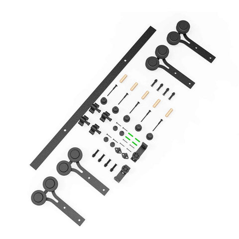 Top view of a 12ft Sliding Barn Door Hardware Kit With Floor Guide And Premium Nylon Roller Wheels For Double Wooden Doors Up To 36 Inch Wide.