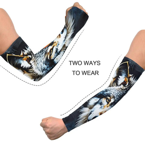 Seamless Cooling Arm Sleeves With A Dope Wolf Face Print Give You Straight Up UPF Fifty Shielding Lightweight Nylon Stays Cool And Stops Rolling So You Can Hit The Course Or Trails While Keeping Tattoos Covered All Day Long