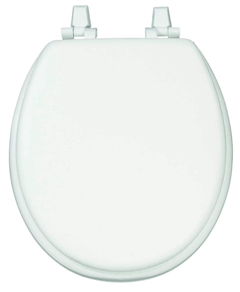 Ultra Comfy Round Padded Toilet Seat Loaded With Thick High Density Foam Core And Heavy Duty Smooth Vinyl Cover Bright White Finish No Sweat Setup Classic Round Compatible, top view, white smooth vinyl.