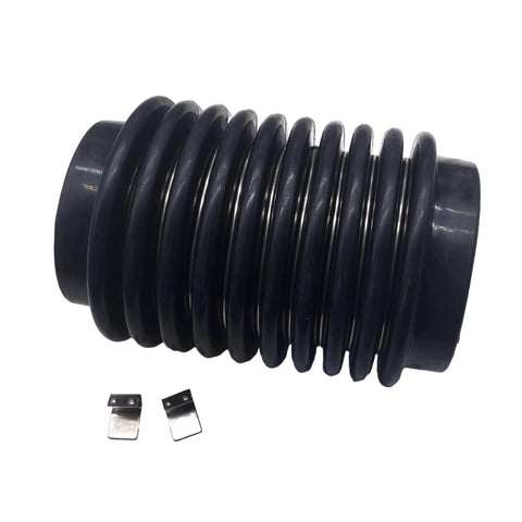 Side view of black rubber exhaust bellows with two metal clips for Volvo Penta AQ engines.