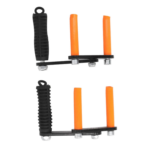 Durable Two Piece Drywall And Plywood Panel Carrier Grabber With Comfortable Ergonomic Handles For No Sweat Glass And Plasterboard Lifting Up to 253 Pounds, showing black and orange ergonomic grips.