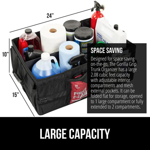 Trunk Organizer For SUV And Car With Big Capacity Collapsible Storage Heavy Duty Multi Compartment Water Resistant And Spill Proof Slip Resistant Durable Car Accessory Perfect Gift For Mom And Dad containing items like bottles and cleaner.