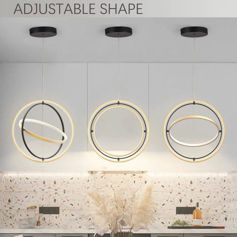 LED Pendant Light Fixture With Black And Gold Rings, Modern Chandelier For Dining Room And Kitchen Island, Adjustable Ceiling Light