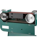 Hardbody 4X48 Inch Dual Wheel Metal Belt Grinder And Shop Sander rigged to crush steel tasks, showing dual wheels and grinding surface.