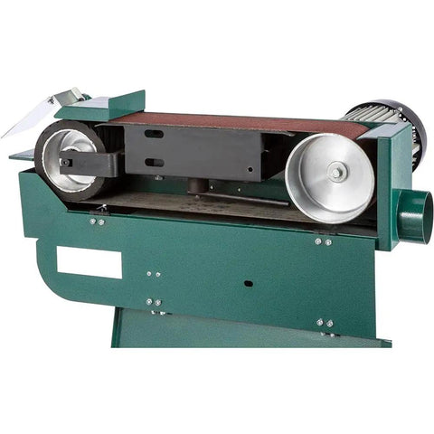 Hardbody 4X48 Inch Dual Wheel Metal Belt Grinder And Shop Sander rigged to crush steel tasks, showing dual wheels and grinding surface.
