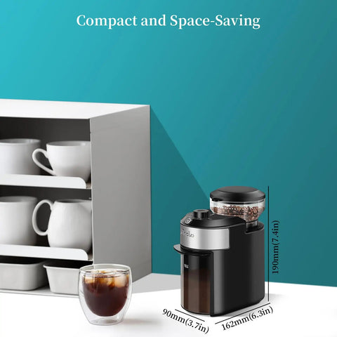 Flat Burr Coffee Grinder With 28 Custom Grind Levels For Espresso And Drip Brews displayed on a countertop with coffee cups.