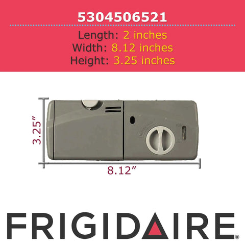 Dishwasher Detergent And Rinse Aid Dispenser Gray Replacement Part For Easy Drop In Install with dimensions and branding.