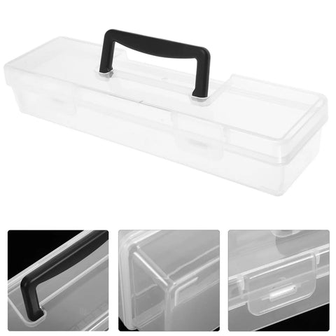 Heavy Duty Tool Box With Slick Divided Compartments And Secure Lid For Kickin Clutter Aside And Boss Organization Of Your Washi Tape And Stash Essentials, clear plastic case with black handle.