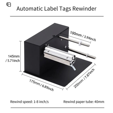 Automatic Label Rewinder Machine With Two-Way Rewind showing dimensions and metal frame