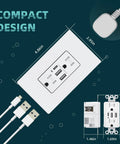 Must Have USB Wall Outlet With Type C And USB A Ports 6.0 Amp Total 30W Fast Charging 15 Amp Duplex Tamper Resistant Screwless Wall Plate Included UL FCC Listed White 2 Pack with compact design display with measurement dimensions and plug view.