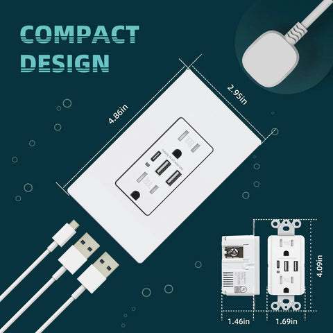 Must Have USB Wall Outlet With Type C And USB A Ports 6.0 Amp Total 30W Fast Charging 15 Amp Duplex Tamper Resistant Screwless Wall Plate Included UL FCC Listed White 2 Pack with compact design display with measurement dimensions and plug view.