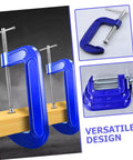 Heavy Duty 4 Inch G Clamp Quick Release C Clamp For Woodworking And Cabinet Assembly Table Vice Clamp Durable Metal Woodworking Clamp For Secure Reusable Long Lasting Hold In The Workshop shown securing wooden plank.