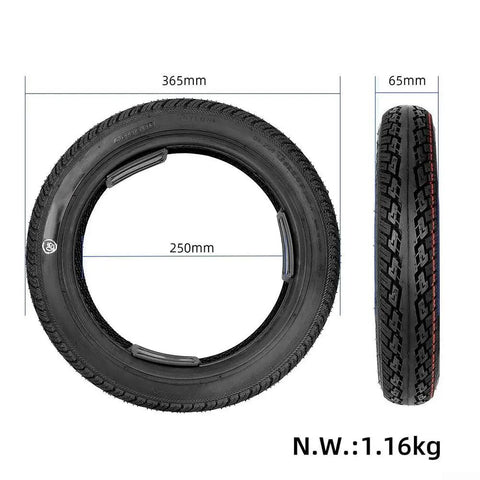 Sweet 14x2.50 Tubeless Tire For Your Electric Bike Or Scooter Slays Flats With Tough Rubber Build And Ultra-Smooth Rides You Gonna Love. Black 14x2.50 tubeless tire with tread, 365mm diameter and 65mm width, for e-bike or scooter