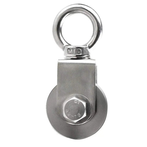 Swivel Single Pulley Block With Stainless Steel Bearing Inside Beefy Heavy Duty Pulley Wheel For Gym Cable Systems, Supports Up To 1100 Lb Load, Fits 3 To 10mm Wire Rope, Quiet Smooth Operation, 304 stainless steel M10 swivel pulley with top ring