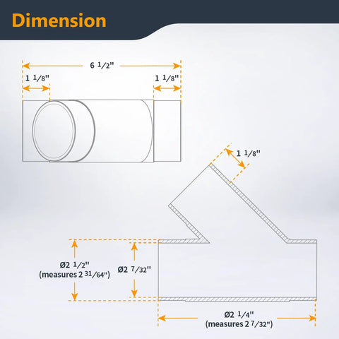 Technical drawing of Two And A Half Inch Y Fitting For Dust Collection Hose Splitter showing dimensions and specifications