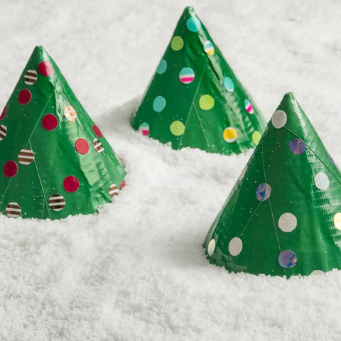Color Duct Tape White Six Roll Pack Heavy Duty Adhesive Tape For Repairs Crafting And Imaginative Projects With Excellent Bond To Cloth Vinyl Leather Plastic Metal And Laminates used to create green and colorful decorative cones in snow.