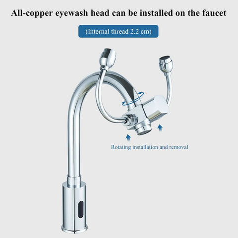 All-copper eyewash head for Touch-Free Induction Faucet, featuring rotating installation, suitable for lab and hospital use.