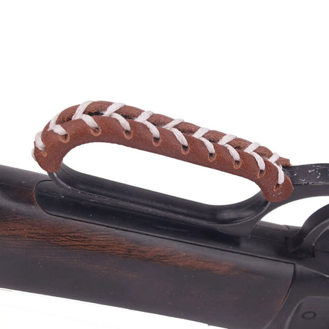 Cowhide Leather Lever Wrap Set for Lever Action Rifles and Shotguns, 3.5 Inch, dual color brown with white stitching on firearm.