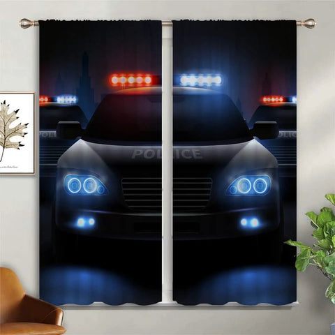 Patrol Wagons Themed Blackout Curtains For Kids Room Decor With City Police Cars And Warning Lights, Rod Pocket Thermal Insulated