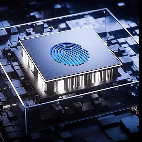 Straight Up Smooth Smart Door Lock With Fingerprint Scan And 3D Face Recognition sensor with blue fingerprint icon on dark background.