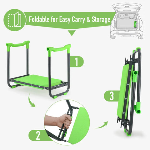 Foldable 10.2 Inch Wider Soft Pad Garden Kneeler And Seat Heavy Duty Folding Stool For Gardening with pruner in storage position.