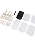 Pro Level Microfiber Paint Roller Set With Beefy Frame And Spill Tray Including Five Mega Grip Rollers And Three Soft Touch Brushes arranged with paint trays