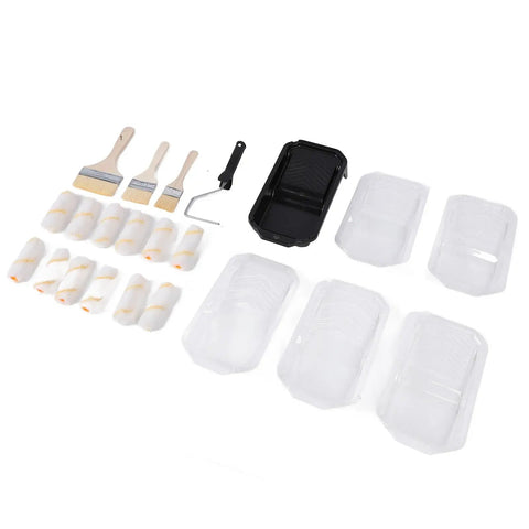 Pro Level Microfiber Paint Roller Set With Beefy Frame And Spill Tray Including Five Mega Grip Rollers And Three Soft Touch Brushes arranged with paint trays