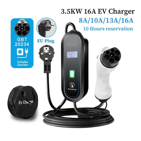 No Sweat Portable EV Charger With Type 2 And GBT Connector Plugs, 3.5kW 16A One Phase Wallbox Adaptor with EU plug.