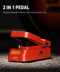 Side view of red 2 In 1 Wah And Volume Pedal For Electric Guitars Mini Vintage Style Guitar Pedal on carpeted floor