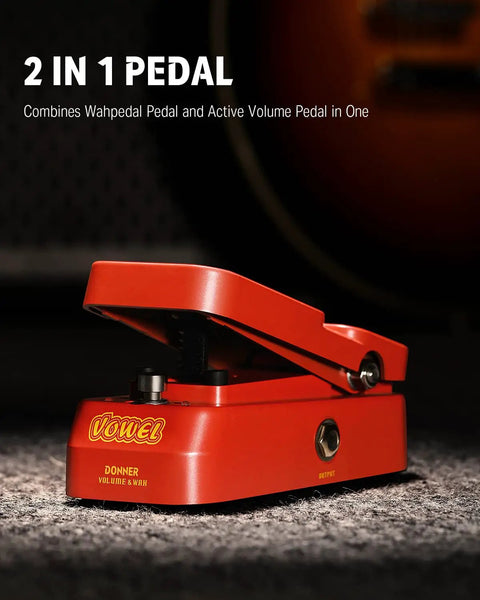 Side view of red 2 In 1 Wah And Volume Pedal For Electric Guitars Mini Vintage Style Guitar Pedal on carpeted floor