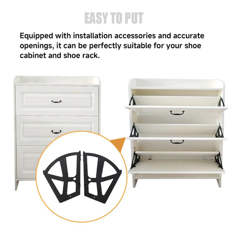 Double Layer Shoe Cabinet Hinges Kit With Four ABS Hinge Units and accessories for 2 tier shoe racks, shown installed