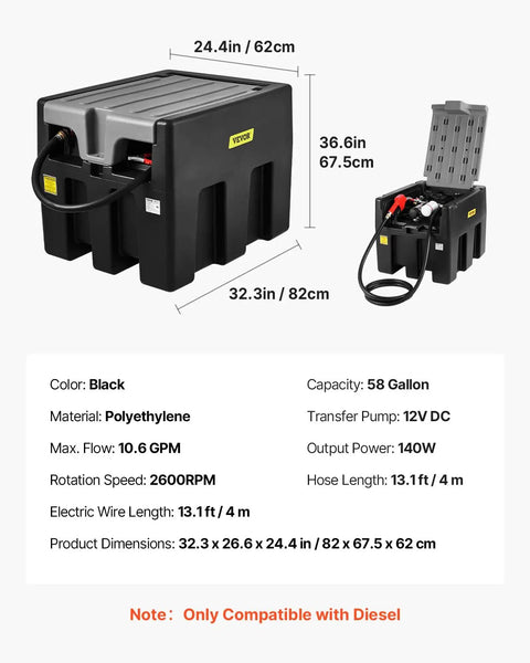 Portable Diesel Tank Built Tough, 58 Gallon Capacity With 12V Electric Transfer Pump, black PE construction, hose visible