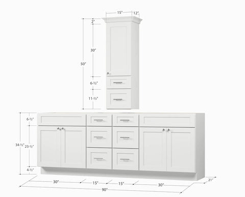 Fresh 90 Double Sink Bathroom Vanity Base Over Countertop Storage Cabinet White Shaker with detailed dimensions and structure.