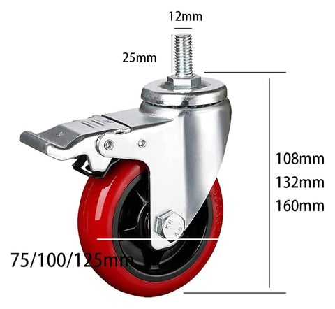 Top Notch Silent Roll 4 Inch Castor Wheels 4 Pack Heavy Duty Swivel Casters With Lockable Brakes No Sweat Glide close-up view with measurements