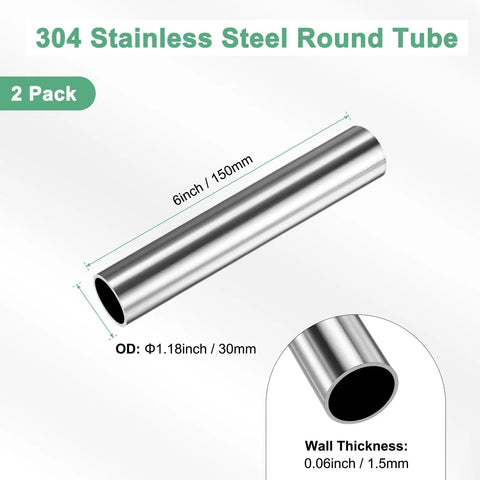 Two Pack 150mm Seamless 304 Stainless Steel Tubing 30mm OD 1.5mm Wall For Construction Machining DIY Crafting