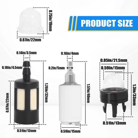 Product sizes for 4 Size Fuel Line Repair Kit With 4 Feet Of Durable Lines For Chainsaws And Trimmers Universal Fit Includes Primer Bulb