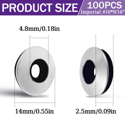 Stainless steel bonded sealing washer with neoprene inner; front and side views, 14mm OD, 4.8mm hole, 2.5mm thick.