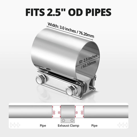 Front view of EVIL ENERGY 2.5 in stainless steel exhaust clamp for 2.5 in OD pipes
