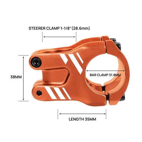 Lightweight Aluminum MTB Stem Shorty For 31.8mm Handlebars And One And One Eighth Inch Steerer CNC Machined 6061 T6 143.5g All Mountain Enduro Downhill Freeride Orange side view