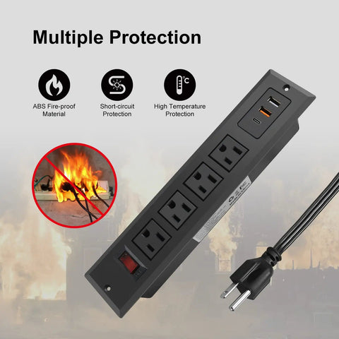 Mountable USB C Power Strip With Recessed Desk Installation 20W Fast Charge 4 Outlets And 3 USB Ports showing protection features