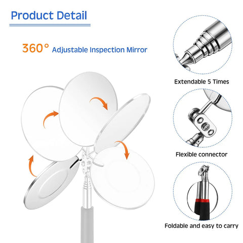 Cool 2 Piece Lighted Telescoping Inspection Mirror Set With Flexible Retractable LED Round Dental Mirror for automotive repair