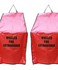 Heavy Duty Weatherproof Rolling Fire Extinguisher Covers Two Pack Fits 50 Lb Units, bright red covers with black text.