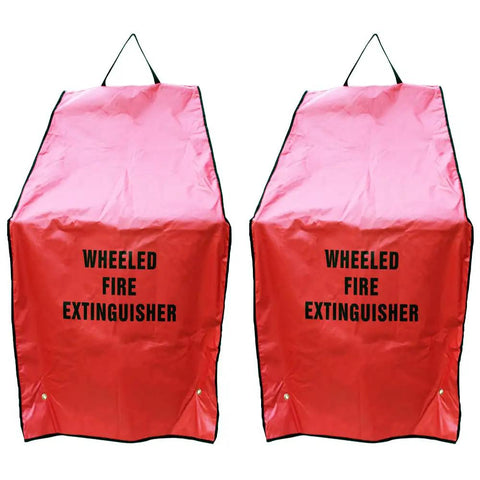 Heavy Duty Weatherproof Rolling Fire Extinguisher Covers Two Pack Fits 50 Lb Units, bright red covers with black text.