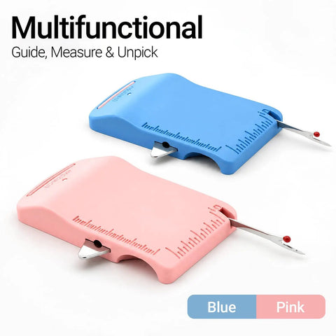 Blue and pink Magnetic Sewing Machine Seam Guide 4 In 1 Edge Guide With Built In Seam Ripper And Ruler on white background