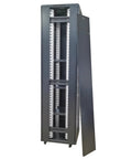48U Server Rack Cabinet With Vented Top Cover And Two Adjustable Shelves For Networking Gear in dark steel finish, showcasing interior shelves.